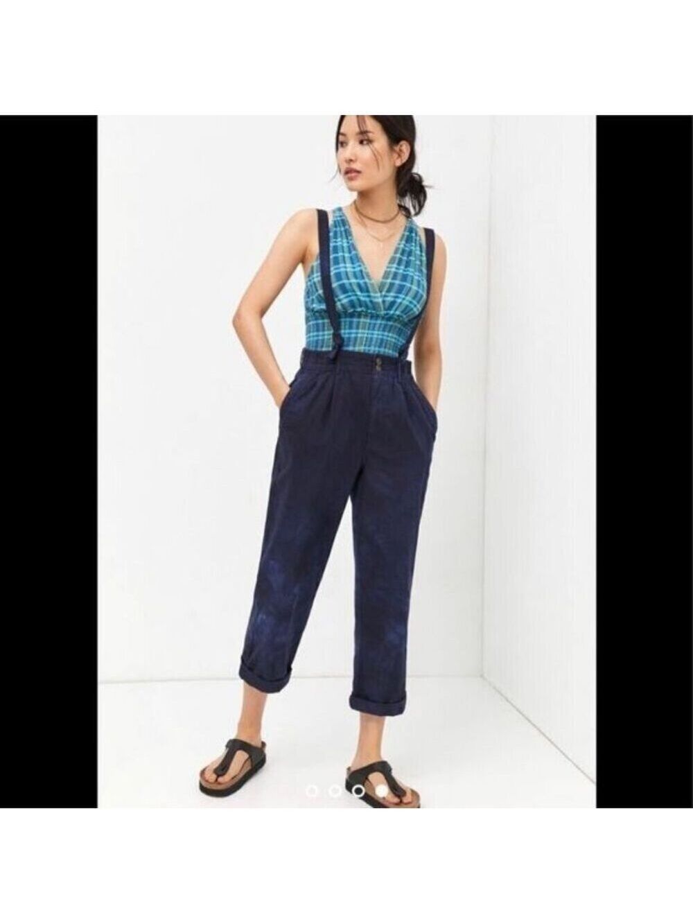 Pilcro Suspender Pants High Rise Tapered Wide Leg Cuffed Blue Marbled Denim M